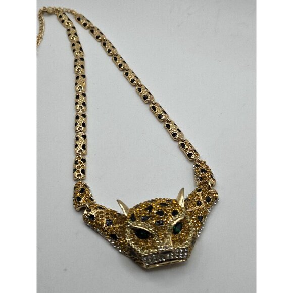 Vintage Golden Leopard necklace and pierced earrings set Emerald Green eyes 20" - Picture 10 of 10